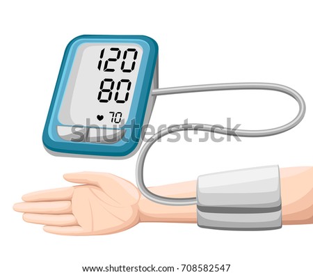 Man checking arterial blood pressure. Digital device tonometer. Medical equipment. Diagnose hypertension, heart. Measuring, monitoring health. Healthcare concept. Vector illustration