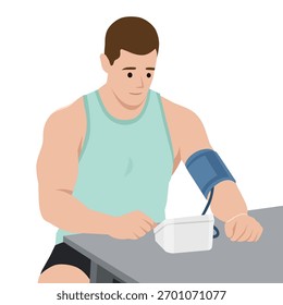 Homem verificando a pressão arterial com monitor digital. Ilustração de vetor plano isolada no plano de fundo branco