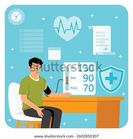 Man checking blood pressure at home using modern medical devices. Online health service concept, Flat vector illustration