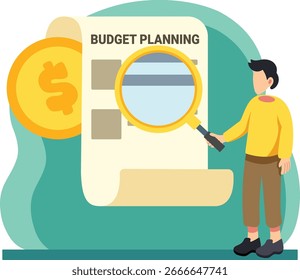 Man checking budget planning with magnifying glass illustration