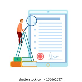 Man Checking Business Contract Flat Illustration. Legal Document Signing. Male Cartoon Character Standing on Ladder, Holding Magnifier. Stamp and Signature. Agreement Final Inspection
