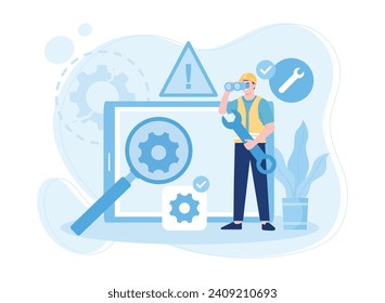 man is checking device for repair trending concept flat illustration