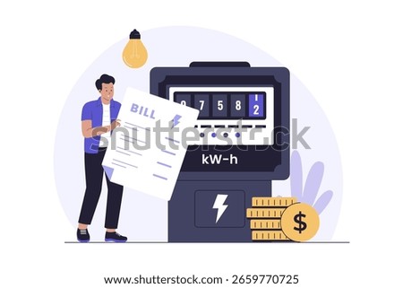 Man Checking Electricity Bill Illustration. Home Energy Costs and Payment. Illustrations for websites, landing pages, mobile apps, posters and banners