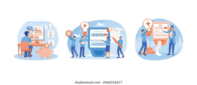 Man checking electricity bill. People pay electricity bills. Regular payments every month. Utility bills concept. Set flat vector illustration.