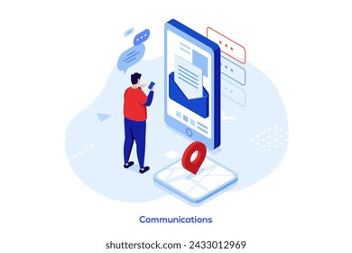 Man checking email letters on smartphone. Digital devices. Communications concept isometric vector illustration. Guy texting in chat and seeking location online cartoon character colour composition