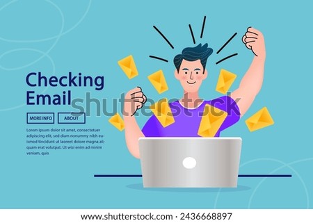 Man checking email on computer. reading email on screen desktop. Business communication, internet and technology concept. New message icons on mobile phone screen. vector illustration.