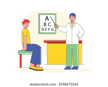 Man checking eyes reading letters with a doctor. Design character. Vector flat illustration