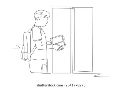 Homem verificando arquivos na frente do armário de viagens. Desenho de uma linha do conceito de armário de viagens