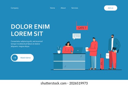 Man checking in for flight vector illustration. People standing in gate registration desk in airport. Male character waiting in line. Travelling concept for banner, website design or landing web page