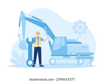 A man is checking heavy equipment for work on a building trending concept flat illustration