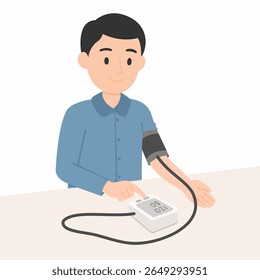 Mann überprüft seinen Blutdruck mit einem digitalen Monitor zu Hause. Vektorgrafik für Themen aus den Bereichen Gesundheit, Wellness und Senior Lifestyle