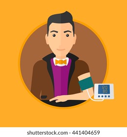 Man checking his blood pressure with digital blood pressure meter. Man taking care of his health and measuring blood pressure. Vector flat design illustration in the circle isolated on background.