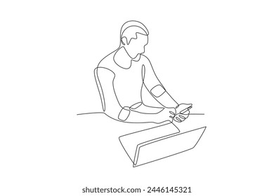 Hombre revisando su teléfono móvil mientras trabaja desde casa. Trabajando desde casa dibujo en una línea