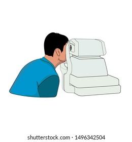 man checking his Eye exam At the check machine at hospital vector illustrations