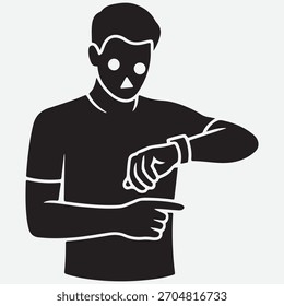 Hombre mirando su reloj y señalando, ilustración estilizada en blanco y negro