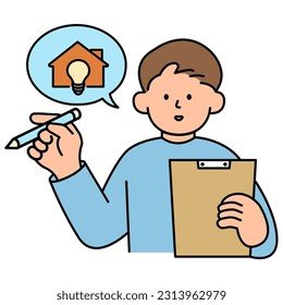 Man Checking Home Energy Saving Checklist. Environment, Power and Saving Energy Concept. Cartoon Flat Vector illustration.