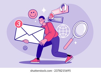 Man checking inbox emails outline. New message notification, letter in online envelope. Newsletter in mailbox. E-mail marketing, subscription, communication. reminding customers about new discounts.
