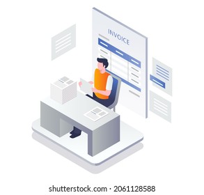 Man checking invoice report in isometric illustration