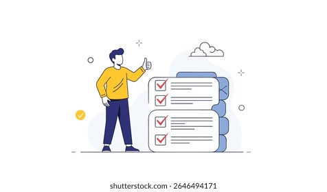 Man checking large checklist for process management vector illustration and design element