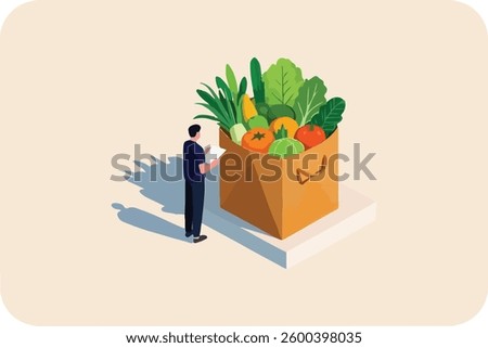 Man Checking List Beside Giant Grocery Bag Full of Fresh Vegetables and Fruits