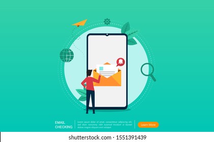 man checking mail on smartphone concept. Business man vector illustration. New email message, mail notification. Social network, searching mail, New incoming message, mail sending. flat & eps 10