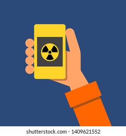 Man is checking and measuring atomic and nuclear radiation, iiradiation and radioactive radioactivity by dosimeter. Device is warning about dangerous contamination. Vector illustration