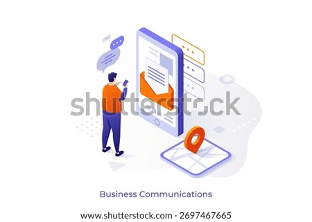 Man checking messages on smartphone. Business communication, online messaging, email marketing, or customer support concept. Isometric 3d vector illustration.