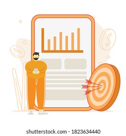 Comprobación De Hombres Para El Objetivo De Venta Mensual Con Ilustración De Diseño Plano Del Vector De Teléfono Tablero