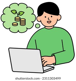 Man Checking Savings from Energy Conservation Efforts. Environment, Power and Saving Energy Concept. Cartoon Flat Vector illustration.