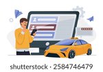 Man checking smartphone for taxi booking, online reviews, and user ratings on digital interface, modern car, white background, transport concept