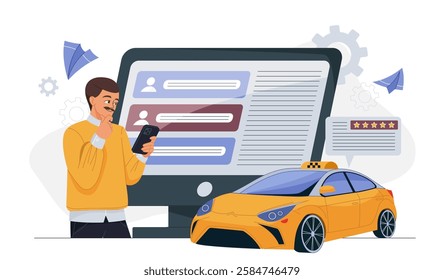 Man checking smartphone for taxi booking, online reviews, and user ratings on digital interface, modern car, white background, transport concept