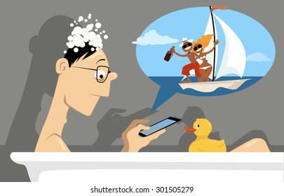 Man checking social network a mini tablet, sitting in a bath tub, vector illustration, no transparencies, EPS 8