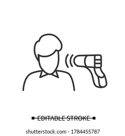 Man checking temperature body icon. Male person body heat measuring with wireless digital infrared thermometer line pictogram. Coronavirus pandemic prevention concept. Editable vector illustration