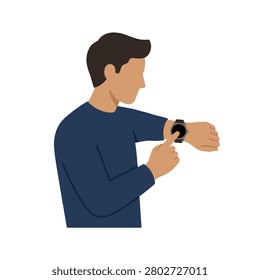Man checking time or notifications on a smartwatch. Flat illustration of a man in a blue shirt touching his smartwatch. Clean design with a white background. Ideal for tech blogs or wearable device marketing materials.