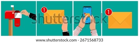 Man checking traditional mailbox for letter. New message notification on smartphone. Email and physical mail communication concept.