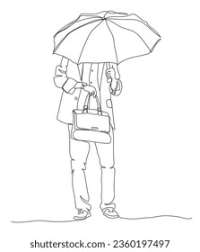 Man checking watch. Holding notebook bag, umbrella on rainy weather day, wearing suit. Black and white vector illustration in line art style. 