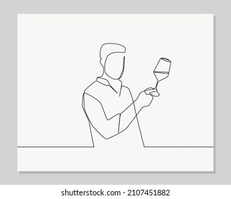 man checking wine quality continuous one line illustration