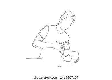 Man checking work on cellphone while having breakfast. Getting ready in the morning concept one-line drawing