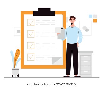 Man with checklist. Goal setting, motivation and leadership. Time management and organization of efficient workflow. Man with large pencil on clipboard paper. Cartoon flat vector illustration