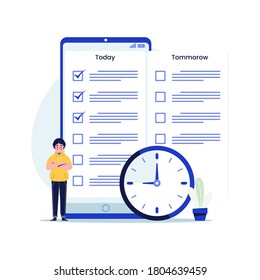 Man checklist in mobile application concept. Flat design vector illustration