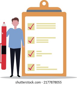 Man and checklist on a clipboard paper. Vector illustration