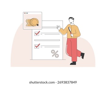 Man and checklist paper ensuring finances, taking care of accounting matters. Character design. Vector flat illustration