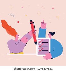 Man with checklist and woman with pencil, teamwork, completed survey, business tasks organization, positive report, questionnaire form concept flat vector illustration. Checklist with tick marks