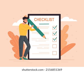 Man with checklist. Young guy with pencil marks completed tasks. Motivation and goal setting, time management and planning. Responsible and hardworking employee. Cartoon flat vector illustration