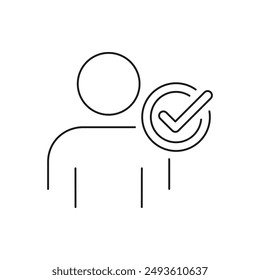 Mann mit Häkchen. Auf weißem Hintergrund isolierte Symbollinienart für überprüften Account. Vektorillustration