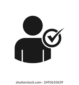 Man with checkmark. Verified account icon flat style isolated on white background. Vector illustration