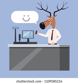 Man at the checkout with deer head, irony, sarcasm, caricature, vector, illustration, cartoon style, isolated