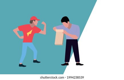 a man checks a box with a parcel next to him a courier in a red uniform