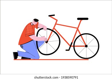 Man Checks A Broken Wheel On A Bicycle. Drawn In A Flat Vector Style On An Isolated White Background. Bicycle Repair Concept