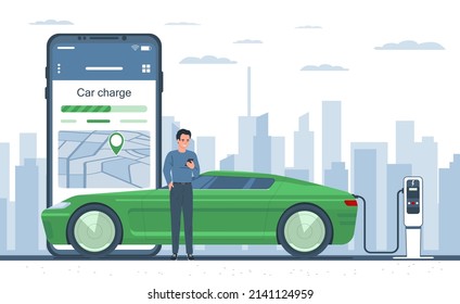 Un hombre revisa el nivel de carga de un auto eléctrico a través de una aplicación en un smartphone. Ilustración vectorial.